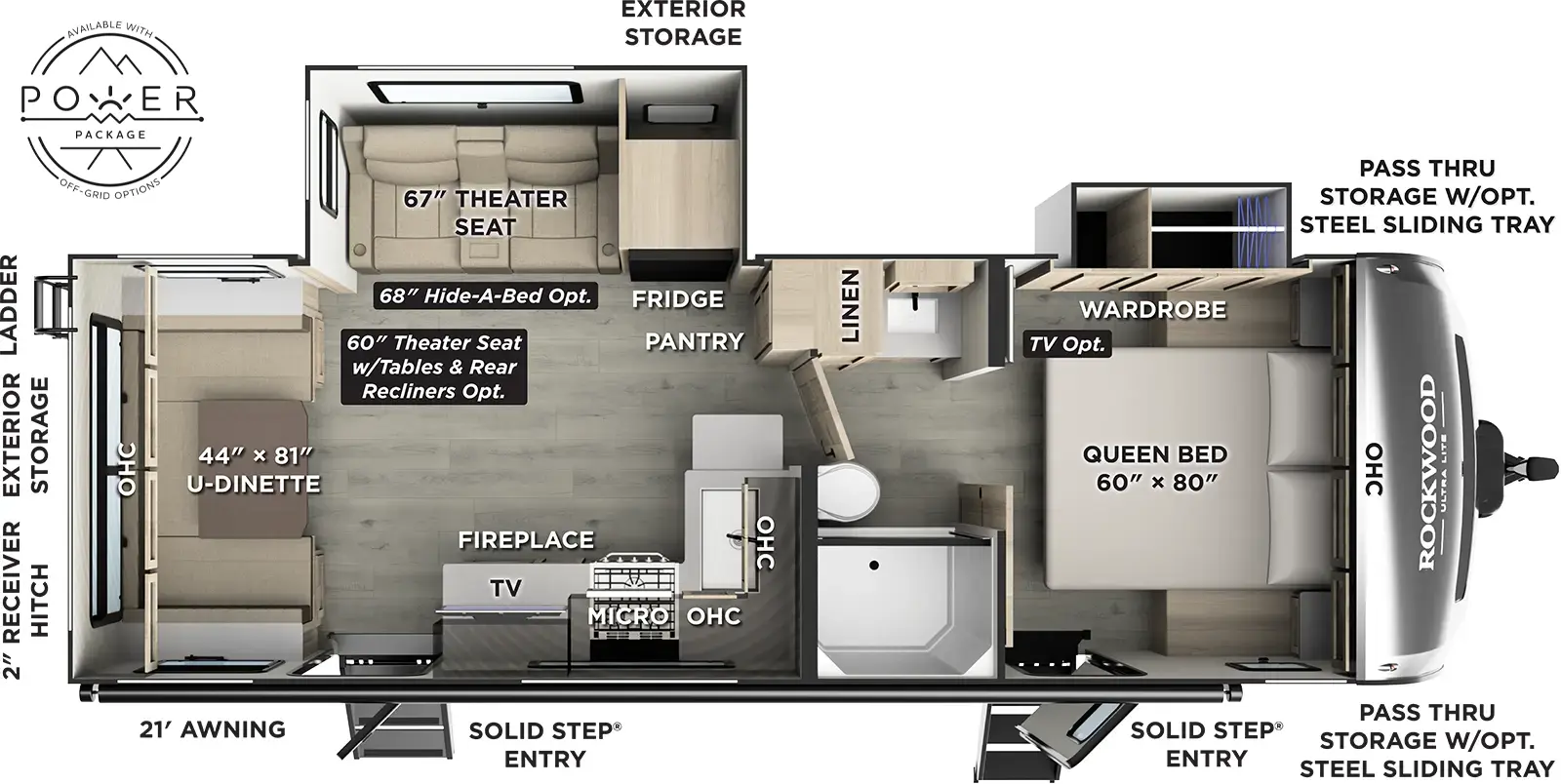The Rockwood Ultra Lite Travel Trailers 2618RD floorplan has two entries and two slide outs. Exterior features include: fiberglass exterior and 21' awning. Interiors features include: u-dinette, front bedroom and pass through bathroom.